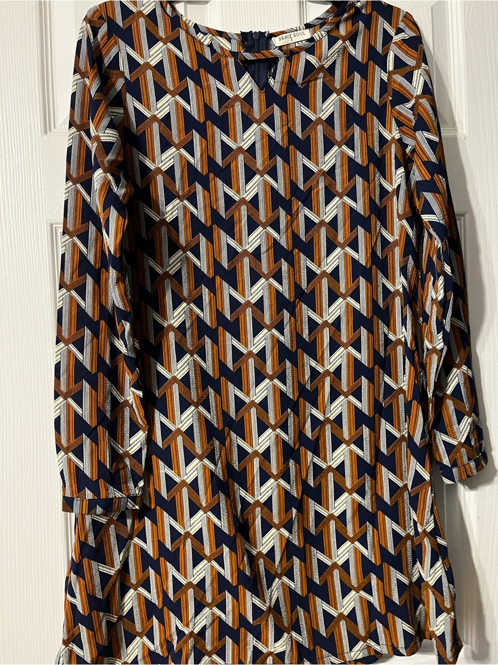 Brave Soul Navy, Brown & Cream Geometric Long Sleeve Shift Dress